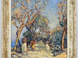 a painting of a painting of people walking down a path