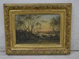 un tableau représentant un paysage avec des arbres et de l'eau, dans un cadre doré