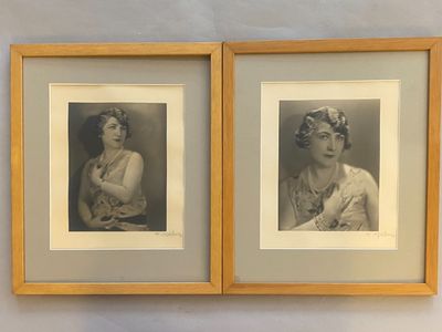 two framed photographs of a woman in a dress and a man in a tuxedo