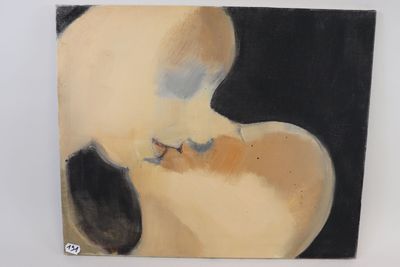 an oil painting of a woman ' s back with a black background