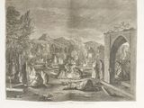 an old drawing of a group of people sitting around a fire