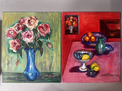 Gisèle RENAUT (XXe), Bouquet de roses au vase en verre bleu …