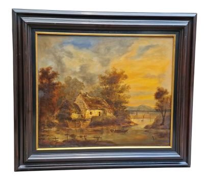 une peinture à l'huile représentant une scène de ferme avec une maison à l'arrière-plan