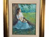 un tableau représentant une femme assise sous un arbre, tenant un bébé dans ses bras