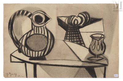 dessin de deux vases sur une table avec un miroir en arrière-plan
