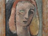 an oil painting of a woman ' s face in a wooden frame