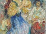 un tableau représentant une femme en robe bleue tenant un éventail