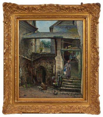 une peinture à l'huile représentant une scène de rue avec un cheval et une calèche
