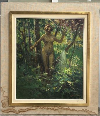 une peinture à l'huile représentant une femme nue dans un environnement boisé