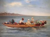 a painting of a group of people in a boat on the water