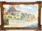 an image of a painting of a street with houses in the background