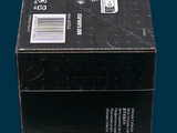 a black box with a label on it on a blue background