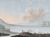un tableau représentant un homme debout sur une colline surplombant un plan d'eau