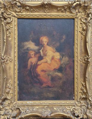 une peinture ancienne représentant une femme tenant un enfant dans ses bras