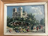 une photo d'un tableau représentant une rue de ville avec une église en arrière-plan