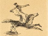 dessin représentant un homme à cheval avec un chien sur le dos