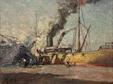 painting of a steam ship with smoke coming out of it ' s chimney