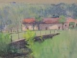 an oil painting of a farm with a stream running through it