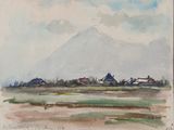 watercolor painting of a landscape with a mountain in the background