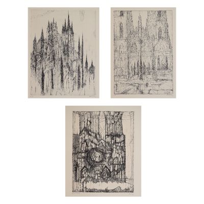 quatre dessins de cathédrales et d'arbres en noir et blanc