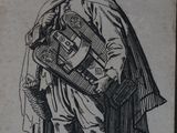 an old black and white drawing of a man with a guitar