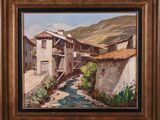 une peinture à l'huile représentant une scène de village traversé par une rivière