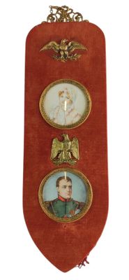 three pictures of a man and a woman on a red banner