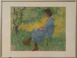tableau représentant une femme en robe bleue, assise sur une chaise dans un champ