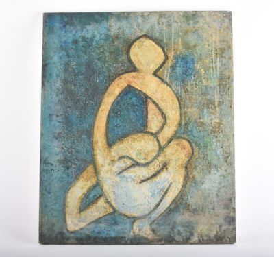 un tableau représentant une femme tenant un enfant dans ses bras, sur fond bleu