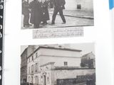 an old photo of a group of people standing in front of a building
