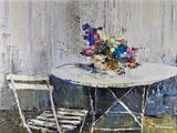 un tableau représentant une table avec des chaises et un vase de fleurs posé dessus