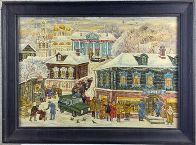tableau représentant une scène urbaine avec des personnages et des voitures
