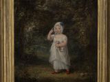 une peinture à l'huile représentant une jeune fille en robe blanche tenant un ours en peluche