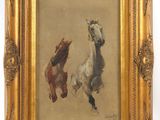 une image représentant un tableau où l'on voit deux chevaux galoper dans un champ