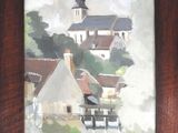 tableau représentant une scène de village avec une église et un clocher en arrière-plan