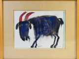 painting of a black goat with red horns in a wooden frame