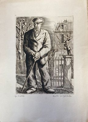 drawing of an old man with a cane standing in front of a fence