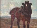 une peinture à l'huile représentant un cheval debout dans un champ, avec le ciel en arrière-plan