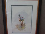 aquarelle encadrée représentant un homme sur une plage tenant une planche de surf