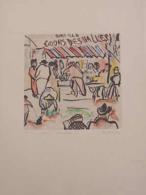dessin représentant un groupe de personnes assises à une table dans un restaurant