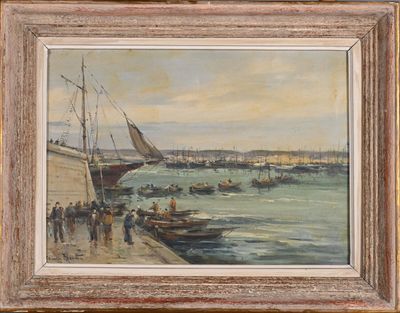 an oil painting of a harbor scene with boats in the water