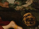 a painting of a woman laying on a couch with a skull in the background
