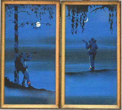 deux tableaux représentant un homme et une femme debout sous un arbre, la nuit