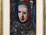 painting of a woman with a blue headdress in a gold frame