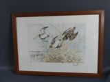 tableau représentant deux oiseaux dans un nid sur fond bleu