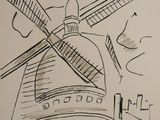 drawing of a windmill on a building with a sky in the background