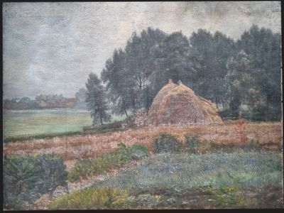 an oil painting of a field with a hay stack in the foreground