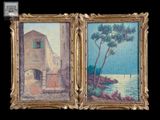 deux tableaux représentant un bâtiment et un arbre sur fond noir
