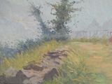a painting of a red fire hydrant on the side of a road