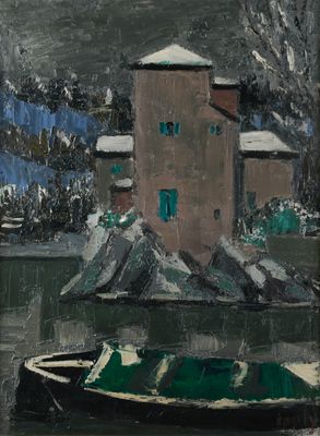 une peinture d'un bateau dans l'eau près d'un bâtiment